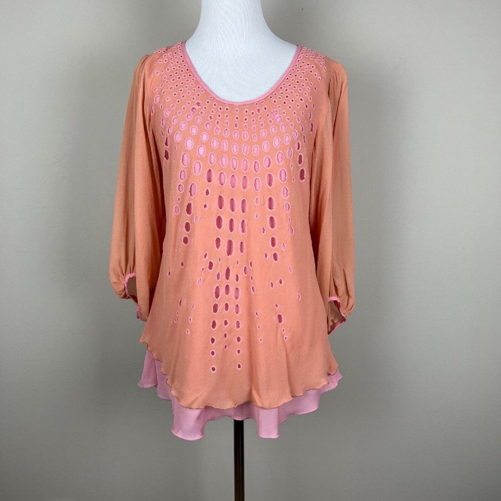 Sundance Blouse Top Womens Medium Pink Peach Silk Eyelet Layered Ruffle Peasant‎